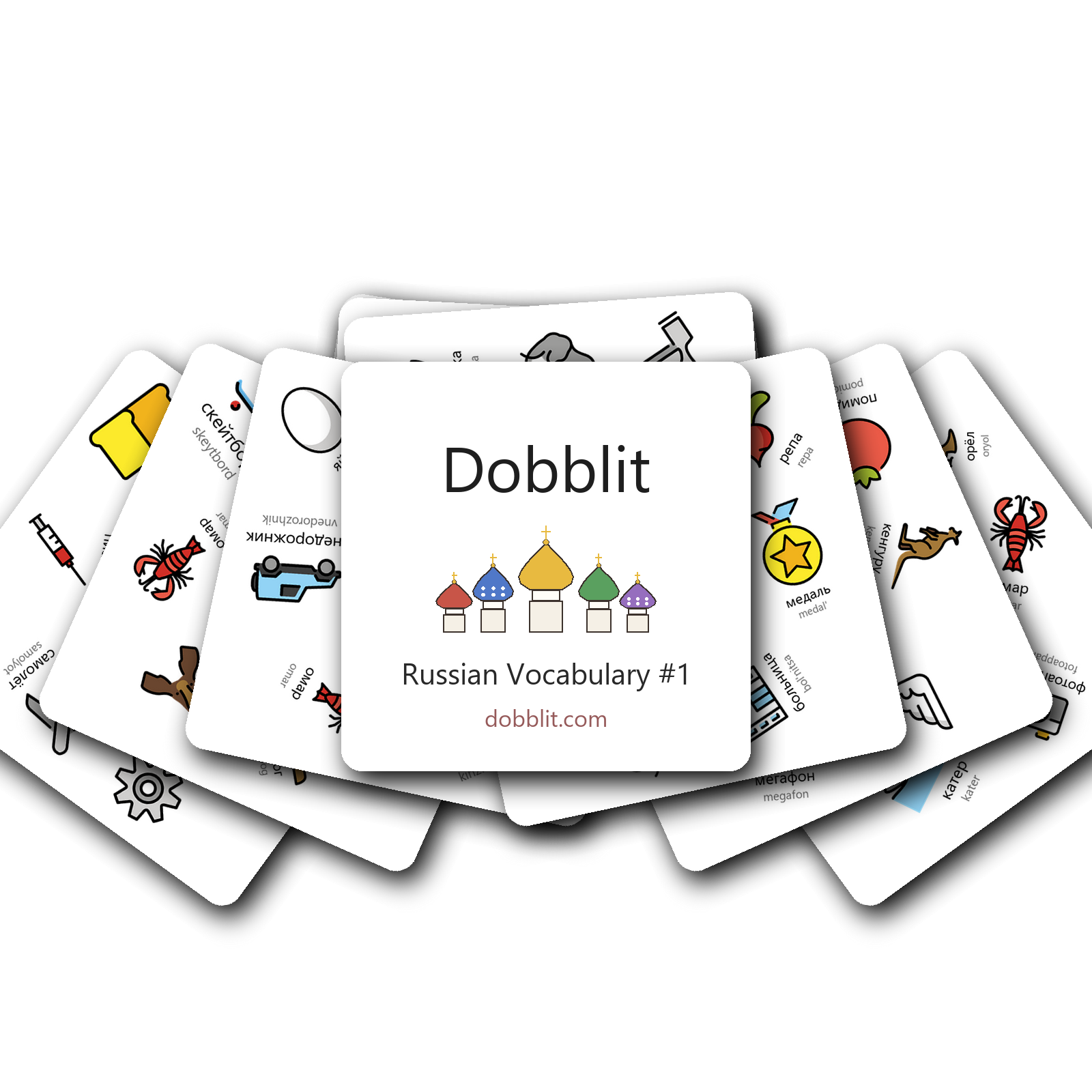 A splayed fan of Dobblit cards with the title card on top